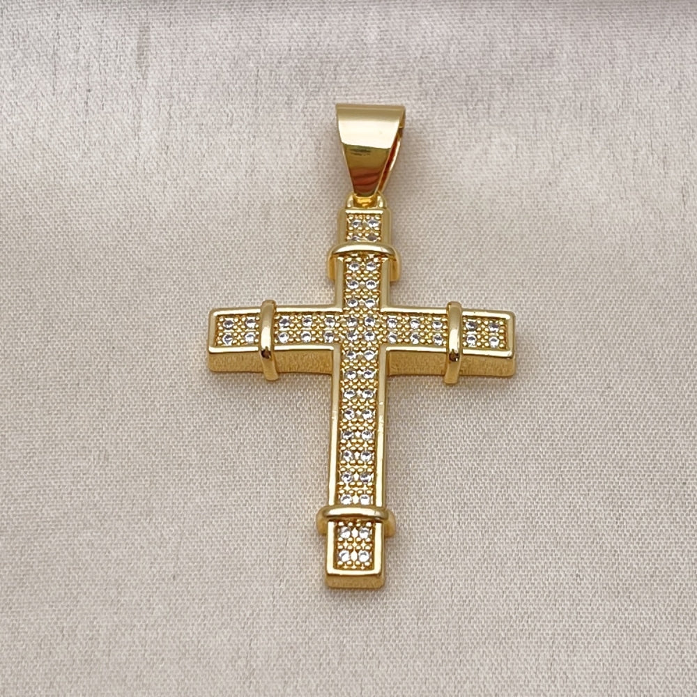 Oro Laminado Religious Pendant, Gold Filled Style Cross Design, with White Micro Pave, Polished, Golden Finish