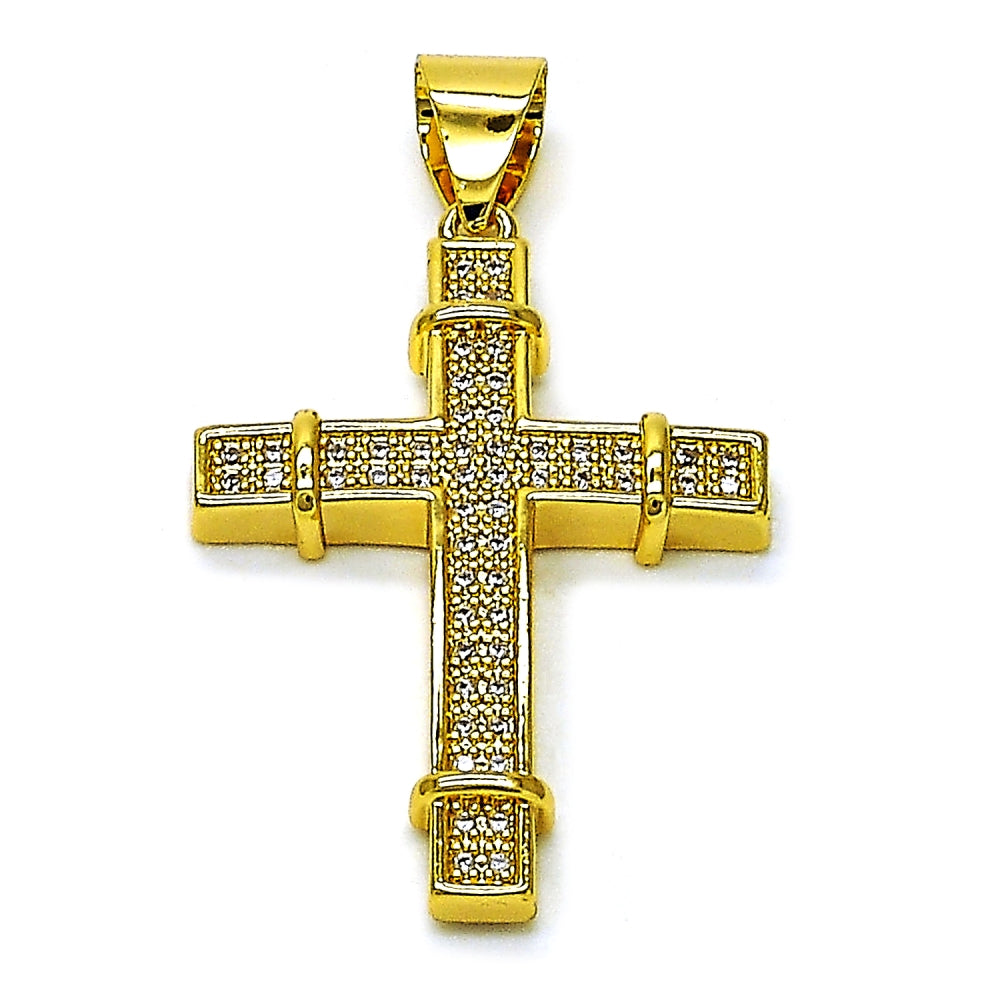 Oro Laminado Religious Pendant, Gold Filled Style Cross Design, with White Micro Pave, Polished, Golden Finish