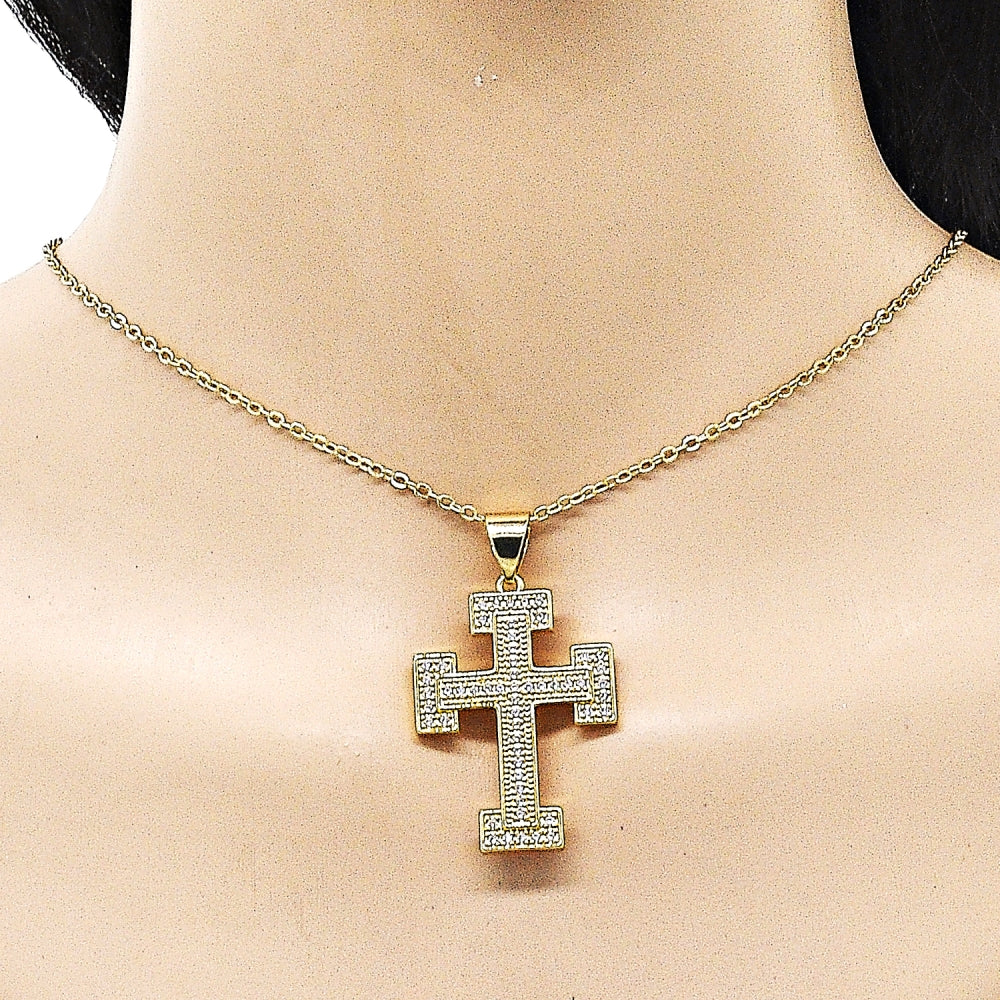 Oro Laminado Religious Pendant, Gold Filled Style Cross Design, with White Cubic Zirconia, Polished, Golden Finish