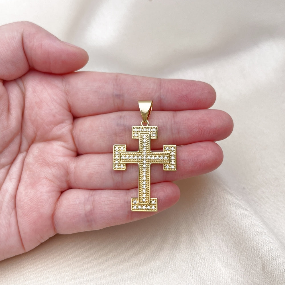 Oro Laminado Religious Pendant, Gold Filled Style Cross Design, with White Cubic Zirconia, Polished, Golden Finish