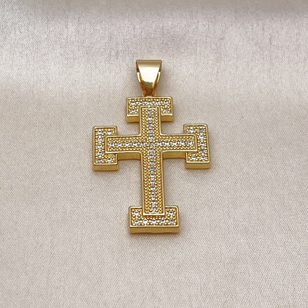 Oro Laminado Religious Pendant, Gold Filled Style Cross Design, with White Cubic Zirconia, Polished, Golden Finish