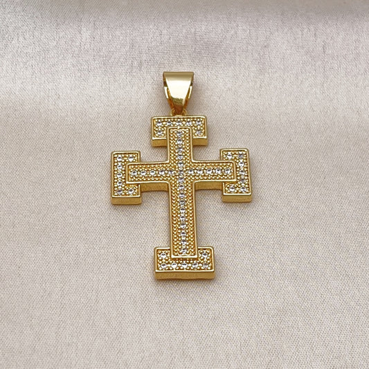 Oro Laminado Religious Pendant, Gold Filled Style Cross Design, with White Cubic Zirconia, Polished, Golden Finish