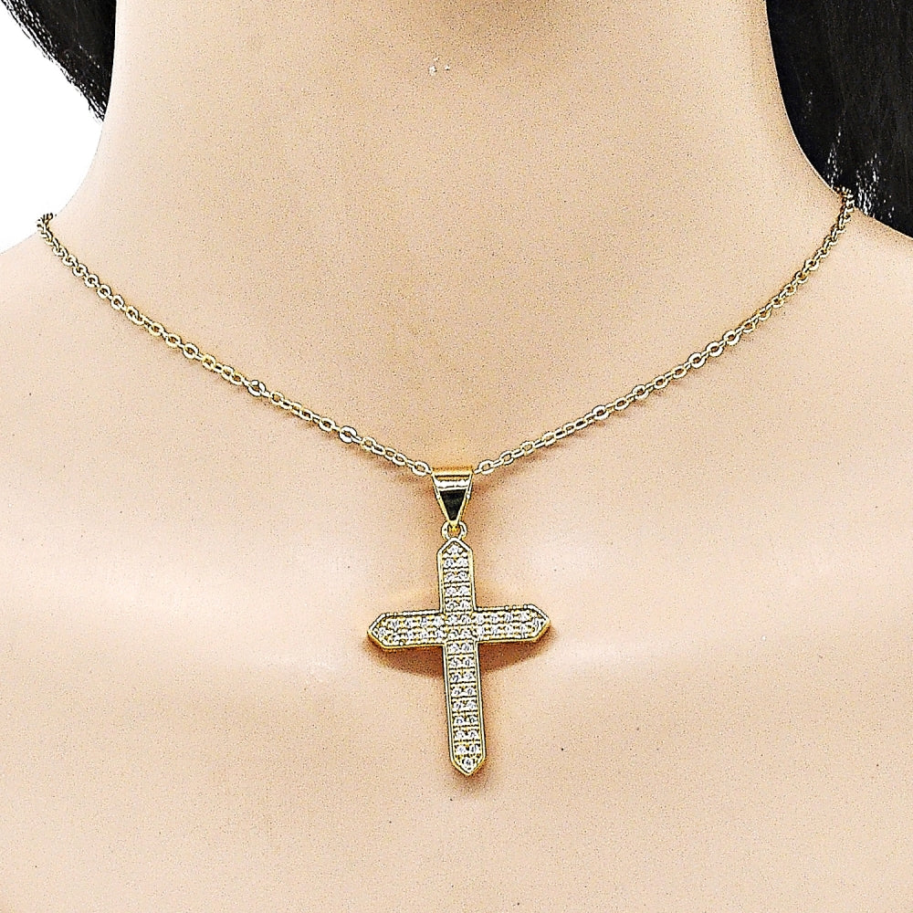 Oro Laminado Religious Pendant, Gold Filled Style Cross Design, with White Cubic Zirconia, Polished, Golden Finish