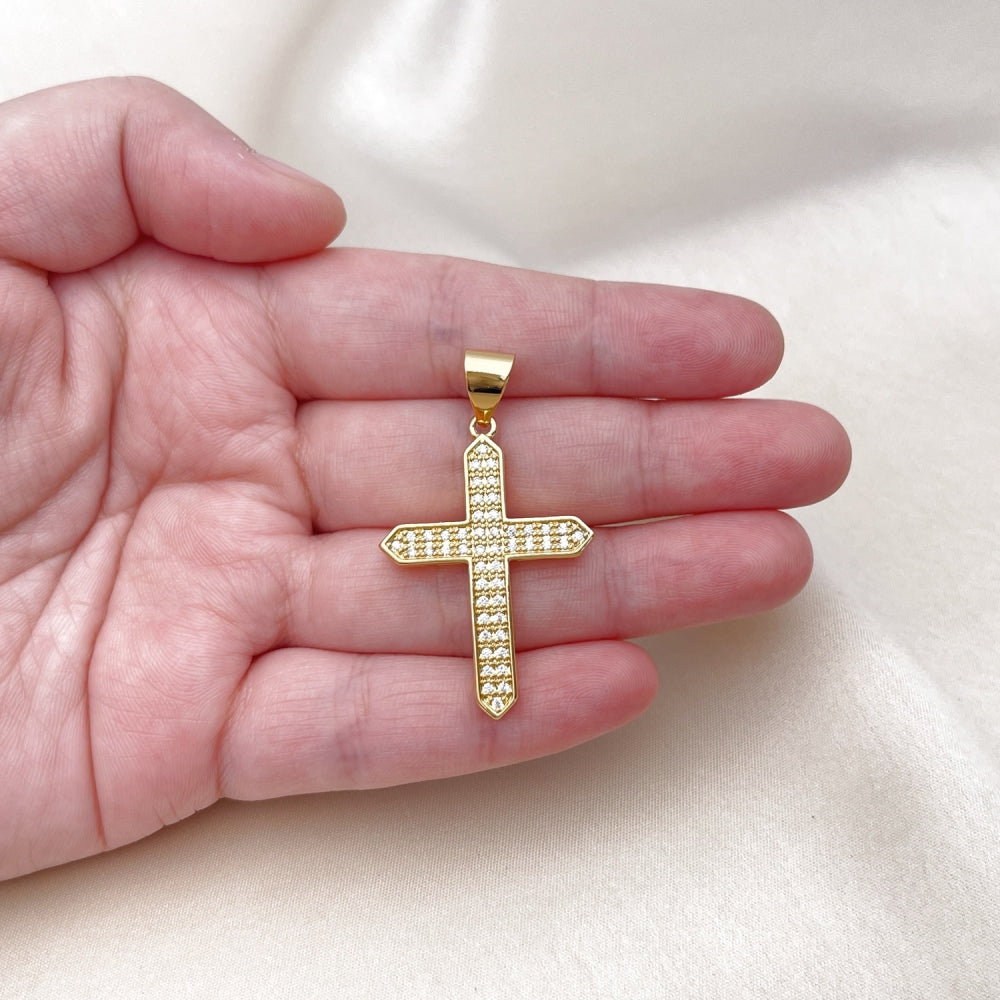Oro Laminado Religious Pendant, Gold Filled Style Cross Design, with White Cubic Zirconia, Polished, Golden Finish