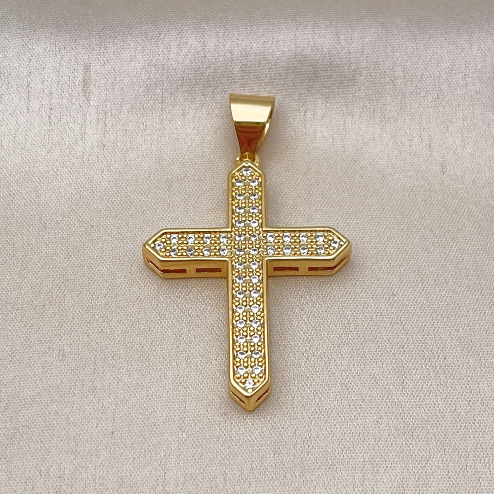 Oro Laminado Religious Pendant, Gold Filled Style Cross Design, with White Cubic Zirconia, Polished, Golden Finish