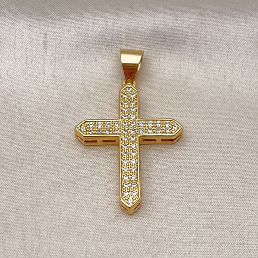 Oro Laminado Religious Pendant, Gold Filled Style Cross Design, with White Cubic Zirconia, Polished, Golden Finish