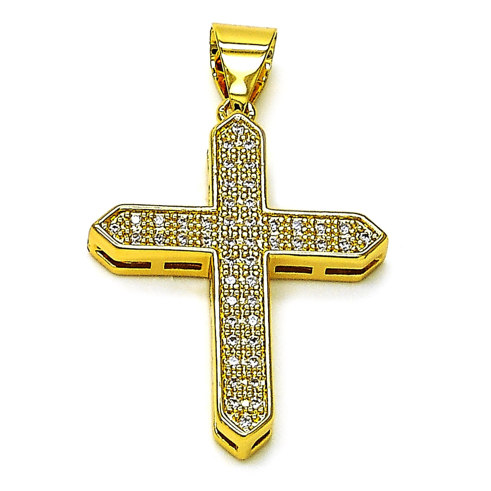 Oro Laminado Religious Pendant, Gold Filled Style Cross Design, with White Cubic Zirconia, Polished, Golden Finish