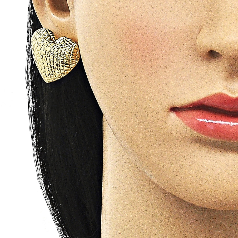 Oro Laminado Stud Earring, Gold Filled Style Heart and Hollow Design, Diamond Cutting Finish, Golden Finish