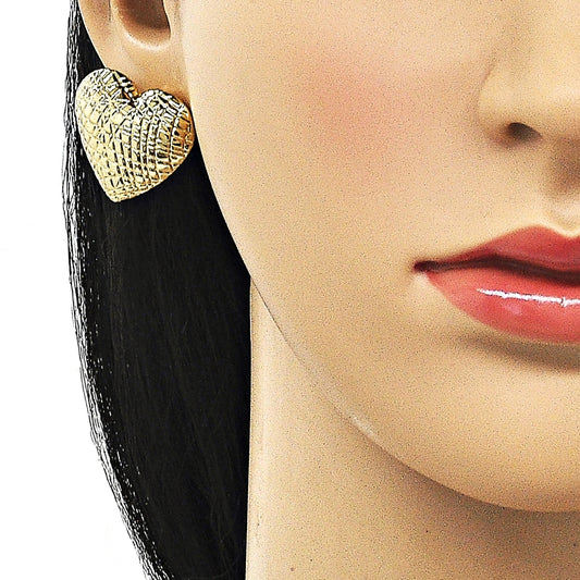 Oro Laminado Stud Earring, Gold Filled Style Heart and Hollow Design, Diamond Cutting Finish, Golden Finish