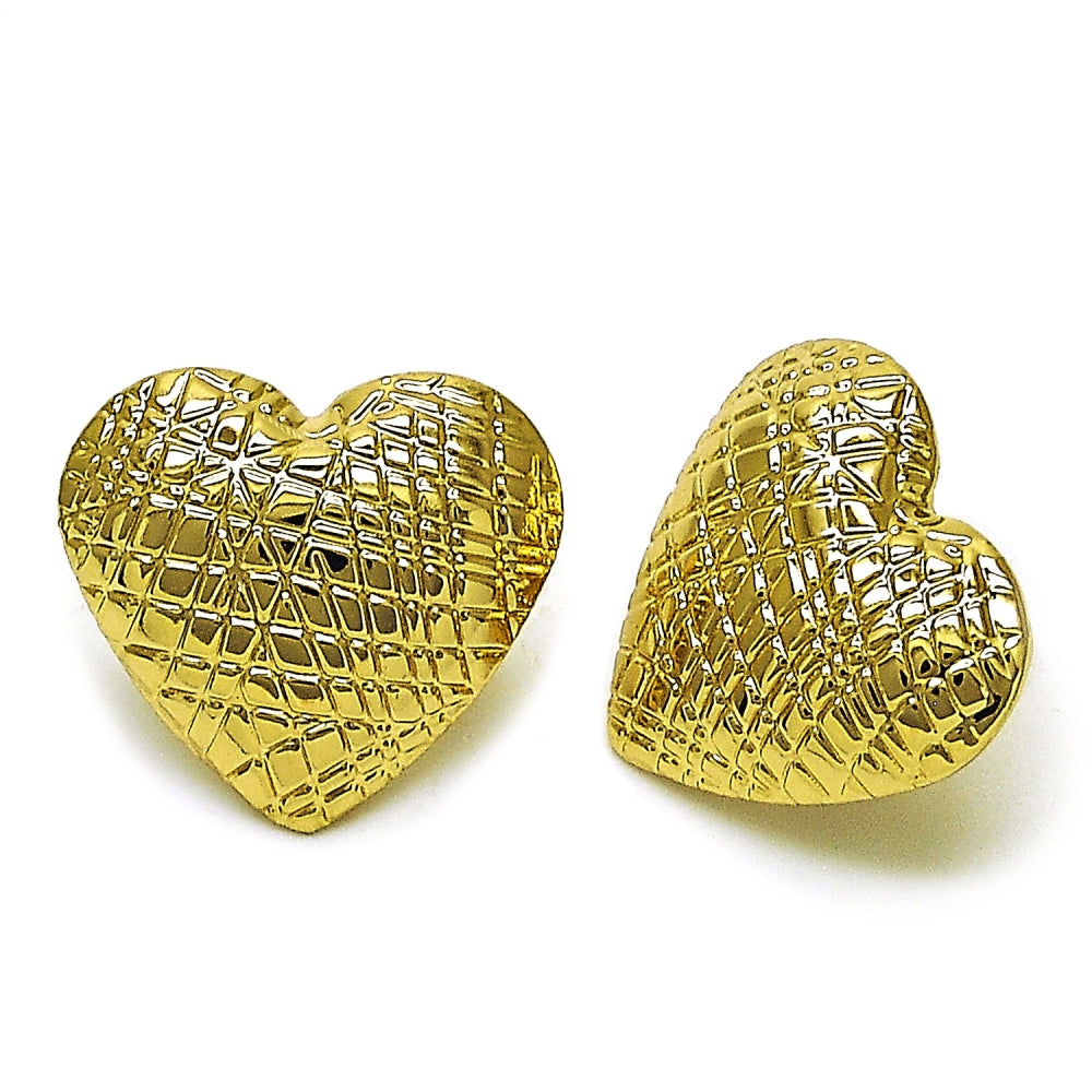 Oro Laminado Stud Earring, Gold Filled Style Heart and Hollow Design, Diamond Cutting Finish, Golden Finish