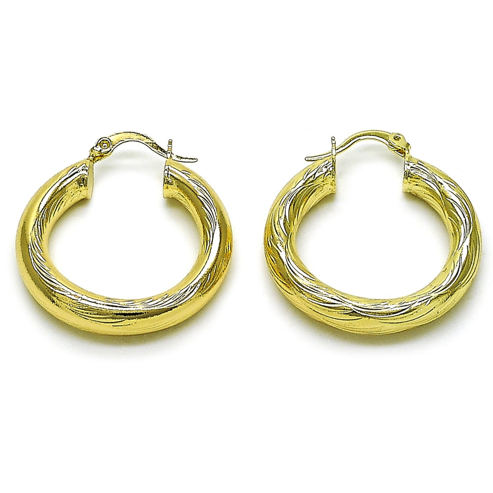 Oro Laminado Medium Hoop, Gold Filled Style Hollow Design, Diamond Cutting Finish, Golden Finish