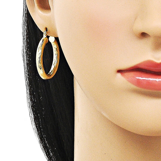 Oro Laminado Medium Hoop, Gold Filled Style Hollow Design, Diamond Cutting Finish, Golden Finish