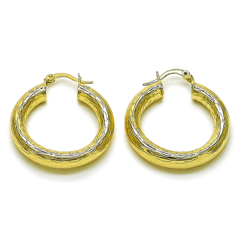 Oro Laminado Medium Hoop, Gold Filled Style Hollow Design, Diamond Cutting Finish, Golden Finish