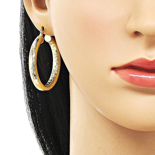Oro Laminado Medium Hoop, Gold Filled Style Hollow Design, Diamond Cutting Finish, Golden Finish