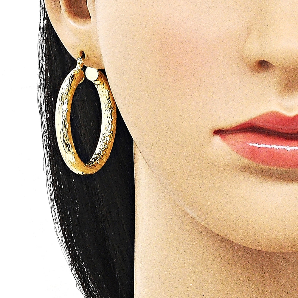 Oro Laminado Medium Hoop, Gold Filled Style Hollow Design, Diamond Cutting Finish, Golden Finish