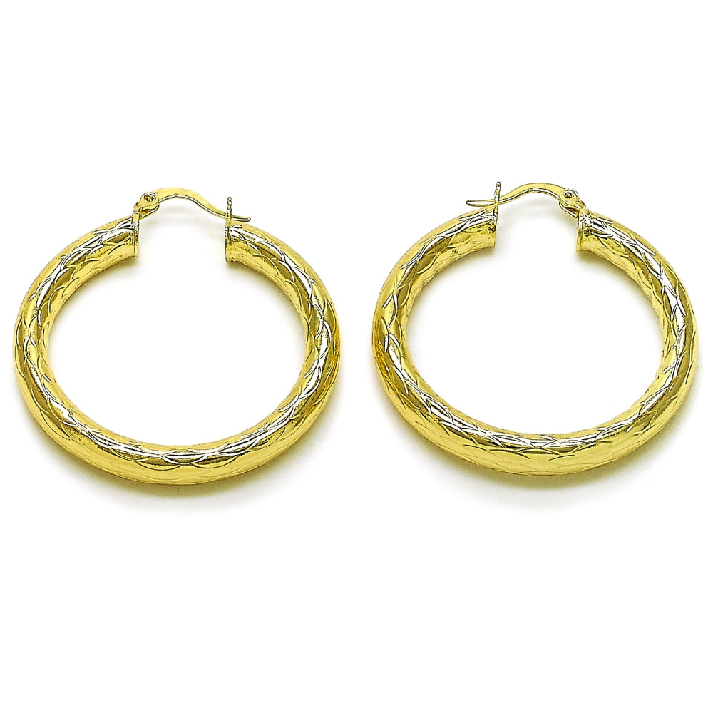 Oro Laminado Medium Hoop, Gold Filled Style Hollow Design, Diamond Cutting Finish, Golden Finish