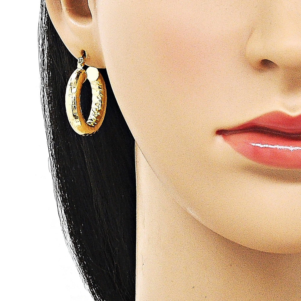 Oro Laminado Medium Hoop, Gold Filled Style Hollow Design, Diamond Cutting Finish, Golden Finish