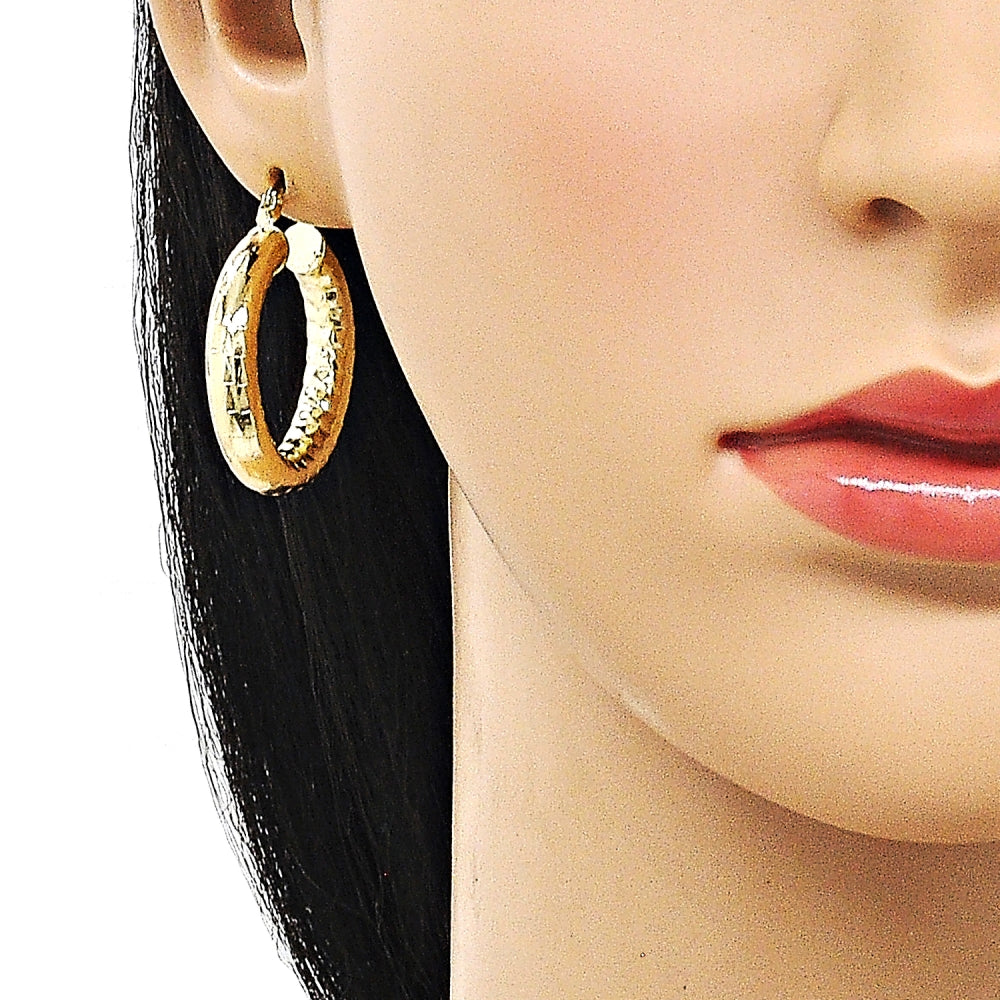 Oro Laminado Medium Hoop, Gold Filled Style Hollow Design, Diamond Cutting Finish, Golden Finish