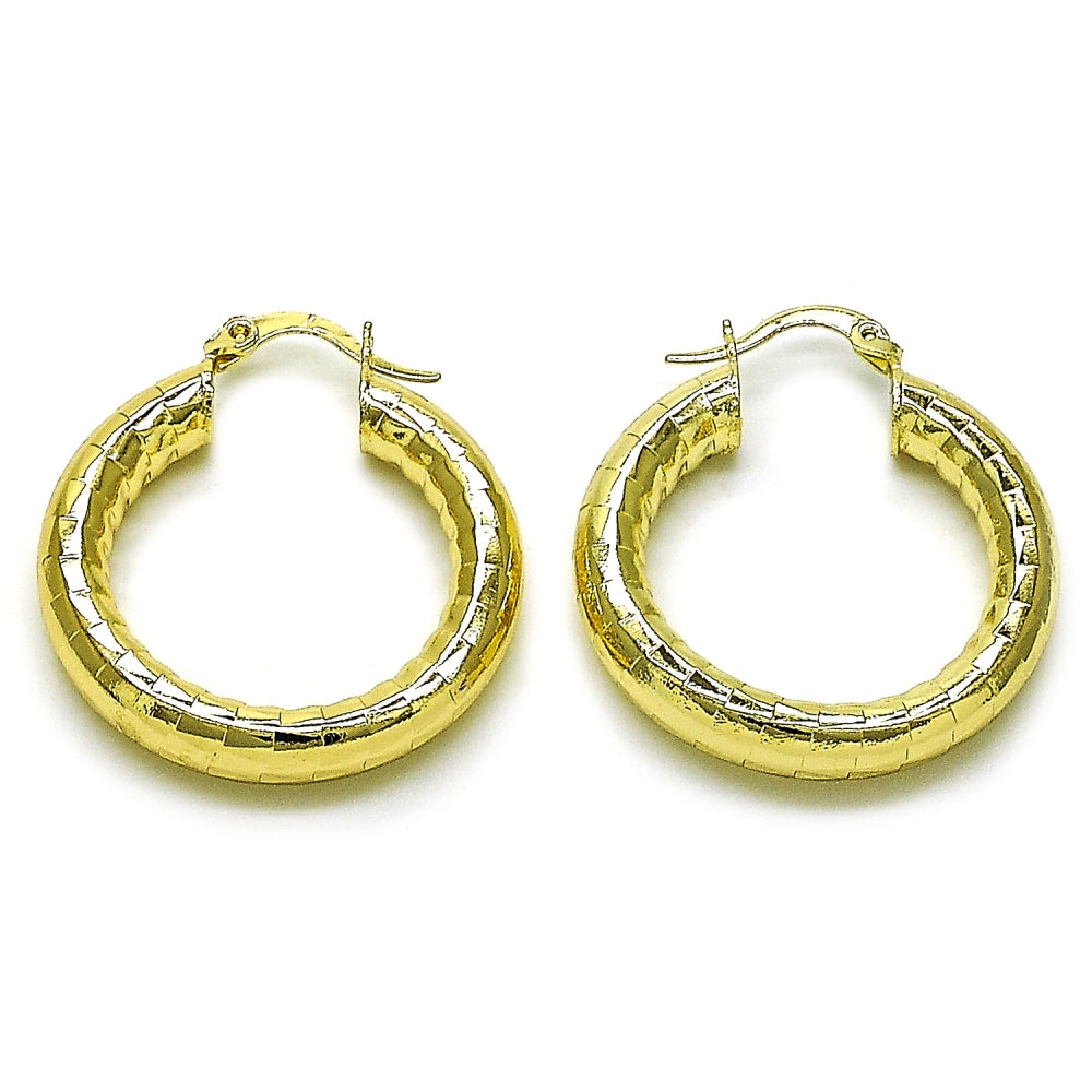 Oro Laminado Medium Hoop, Gold Filled Style Hollow Design, Diamond Cutting Finish, Golden Finish