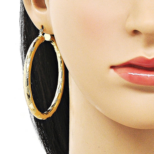 Oro Laminado Large Hoop, Gold Filled Style Hollow Design, Diamond Cutting Finish, Golden Finish