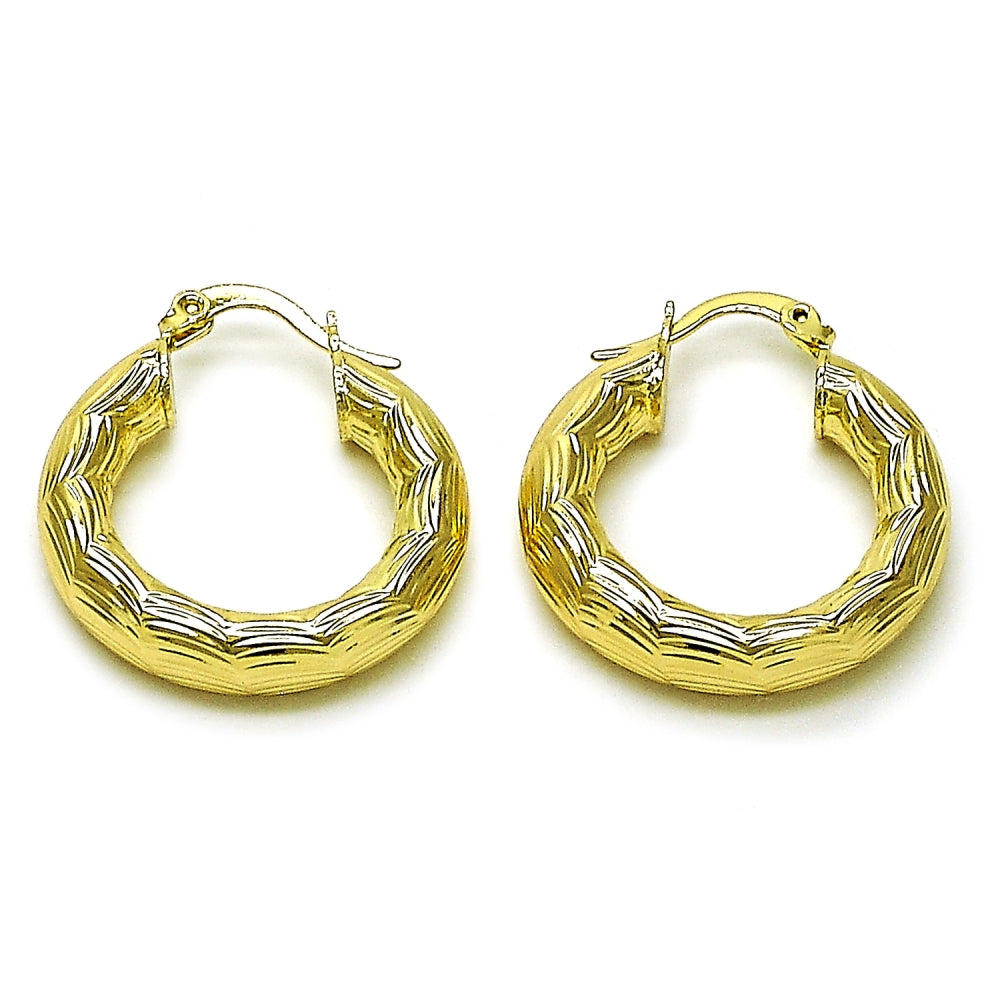 Oro Laminado Medium Hoop, Gold Filled Style Hollow Design, Diamond Cutting Finish, Golden Finish