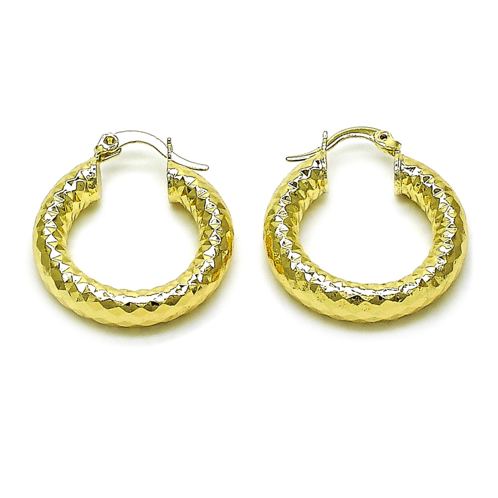 Oro Laminado Medium Hoop, Gold Filled Style Hollow Design, Diamond Cutting Finish, Golden Finish