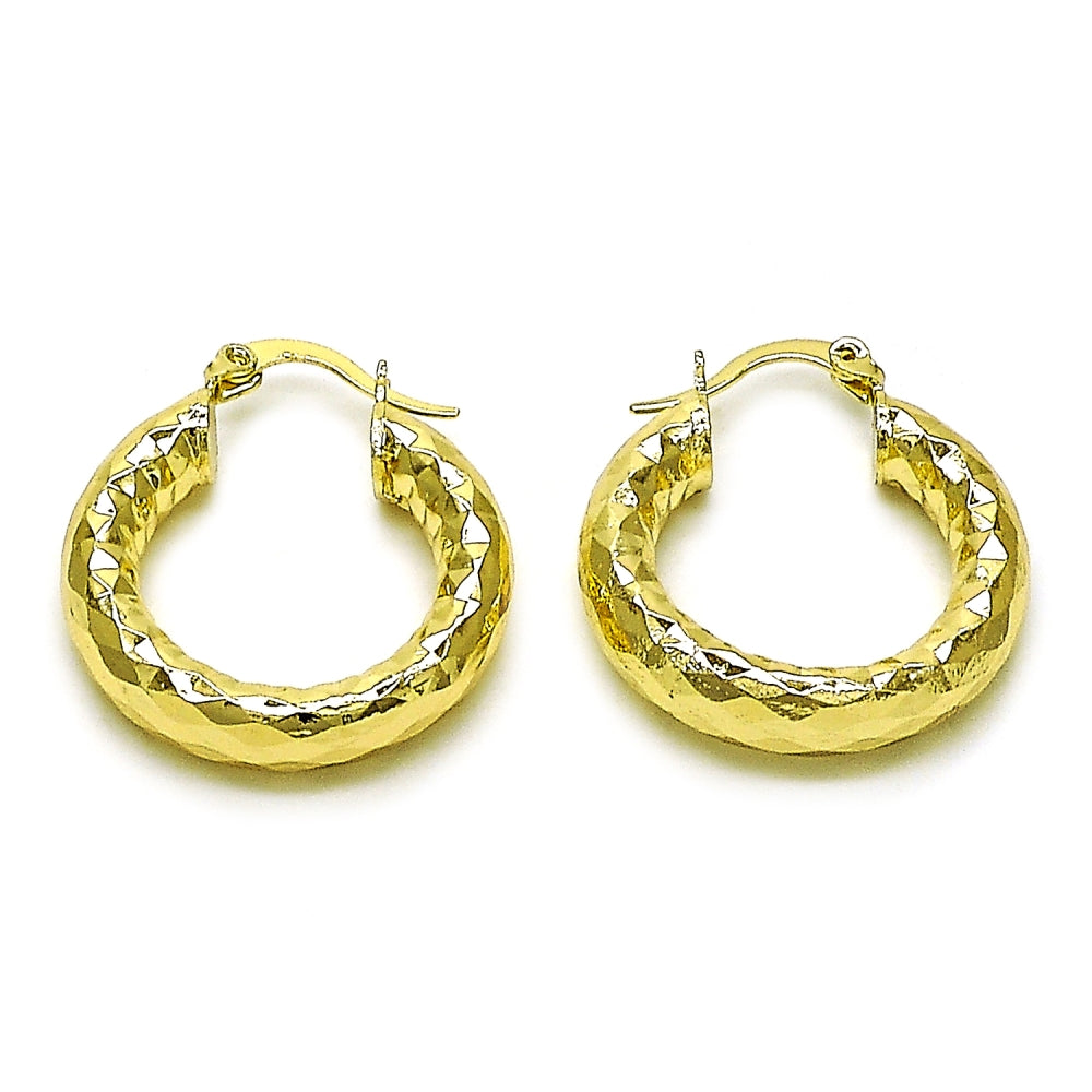 Oro Laminado Medium Hoop, Gold Filled Style Hollow Design, Diamond Cutting Finish, Golden Finish