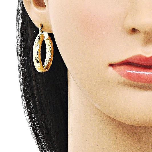 Oro Laminado Medium Hoop, Gold Filled Style Hollow Design, Diamond Cutting Finish, Golden Finish