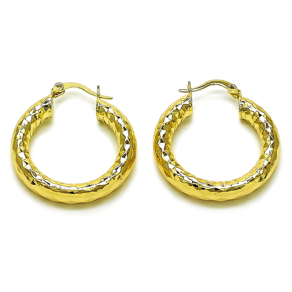 Oro Laminado Medium Hoop, Gold Filled Style Hollow Design, Diamond Cutting Finish, Golden Finish