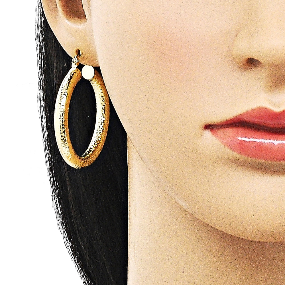 Oro Laminado Medium Hoop, Gold Filled Style Hollow Design, Diamond Cutting Finish, Golden Finish
