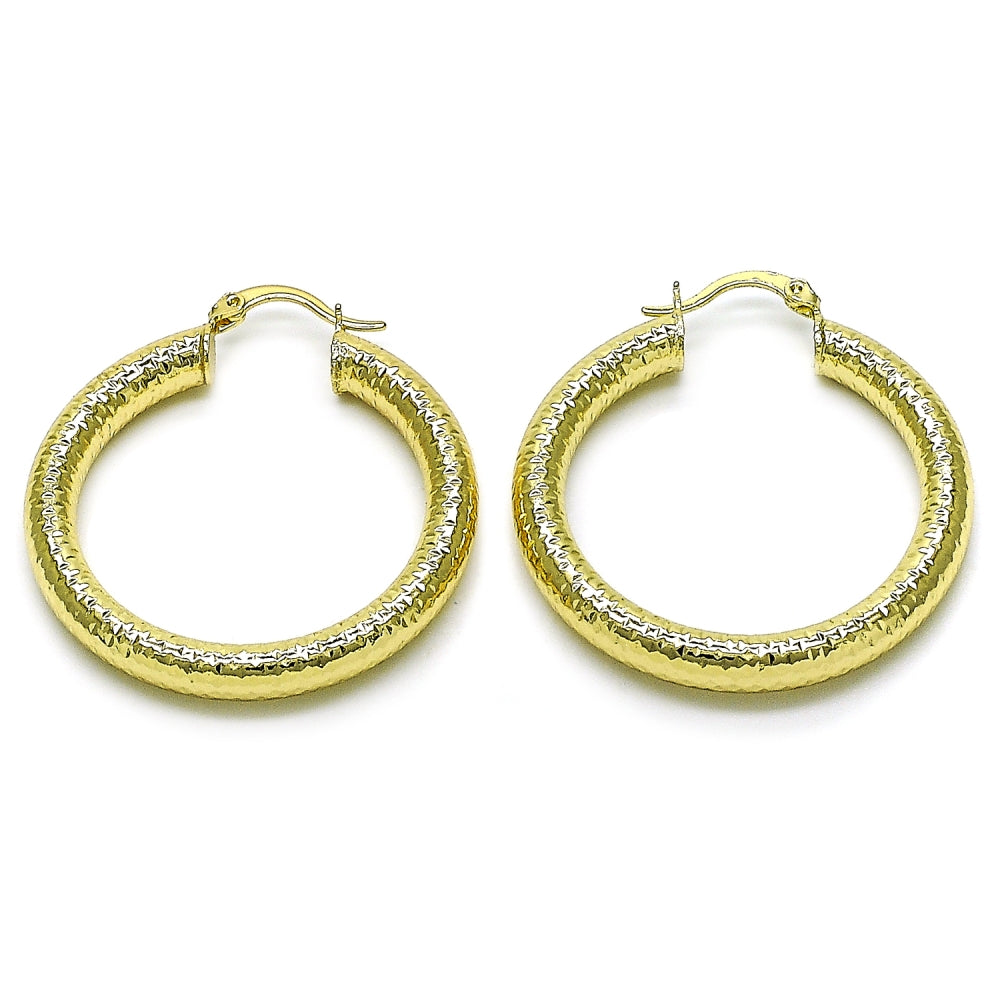Oro Laminado Medium Hoop, Gold Filled Style Hollow Design, Diamond Cutting Finish, Golden Finish