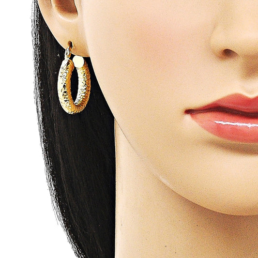 Oro Laminado Medium Hoop, Gold Filled Style Hollow Design, Diamond Cutting Finish, Golden Finish