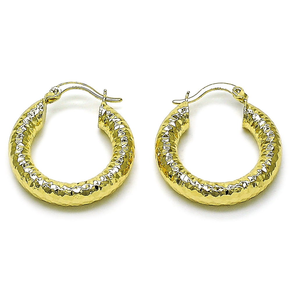 Oro Laminado Medium Hoop, Gold Filled Style Hollow Design, Diamond Cutting Finish, Golden Finish