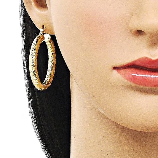 Oro Laminado Medium Hoop, Gold Filled Style Hollow Design, Diamond Cutting Finish, Golden Finish