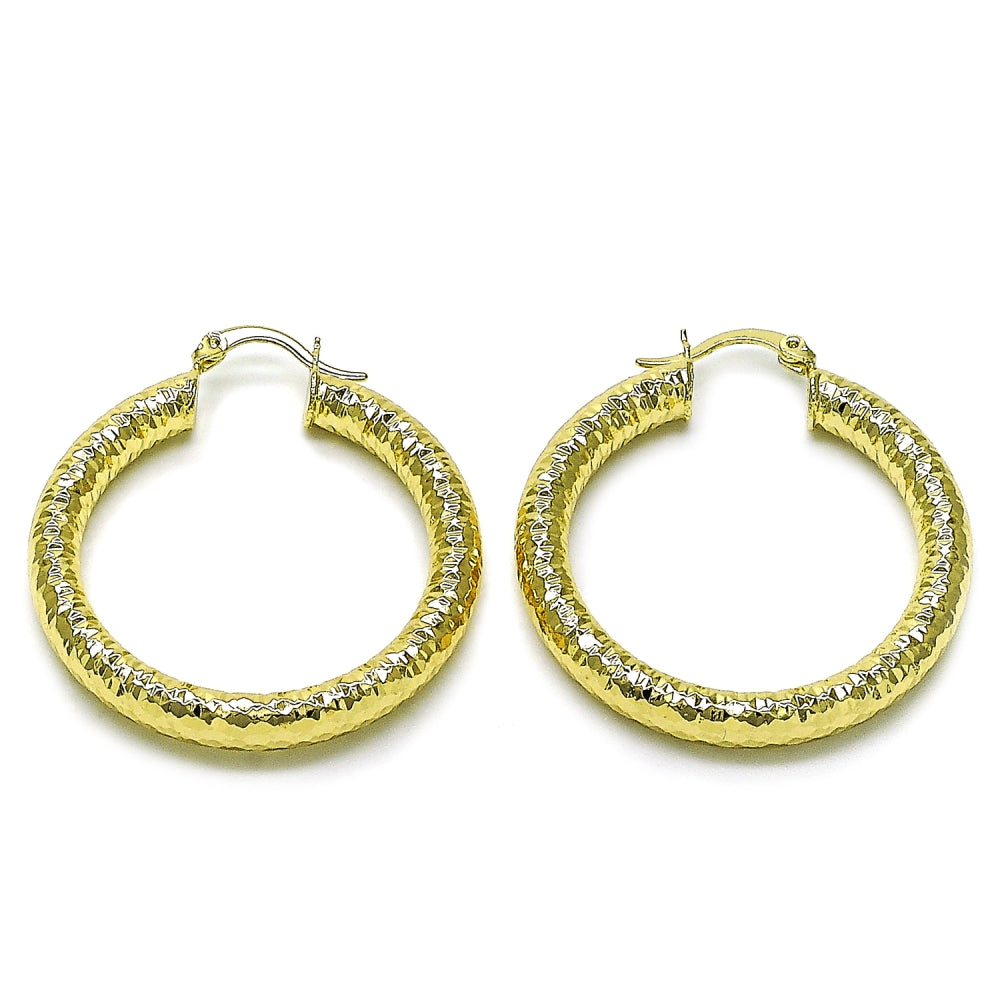 Oro Laminado Medium Hoop, Gold Filled Style Hollow Design, Diamond Cutting Finish, Golden Finish