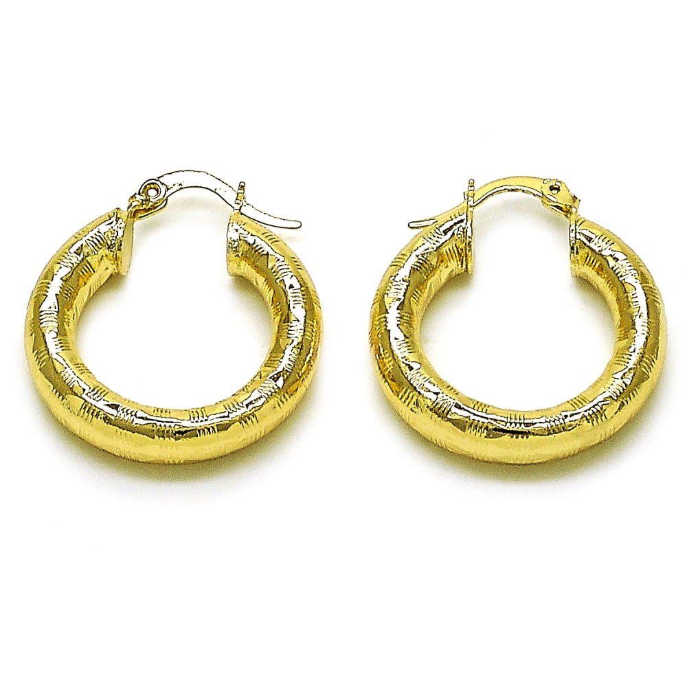 Oro Laminado Medium Hoop, Gold Filled Style Hollow Design, Diamond Cutting Finish, Golden Finish