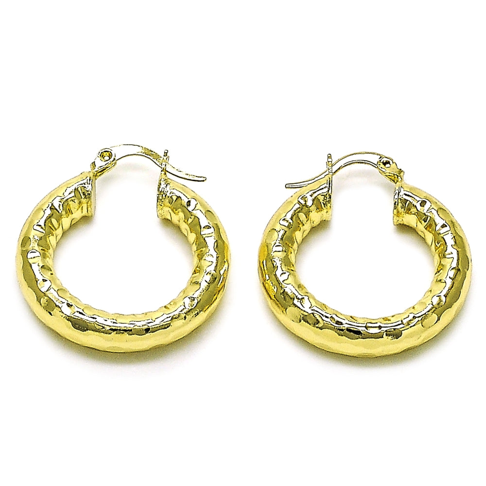 Oro Laminado Medium Hoop, Gold Filled Style Hollow Design, Diamond Cutting Finish, Golden Finish