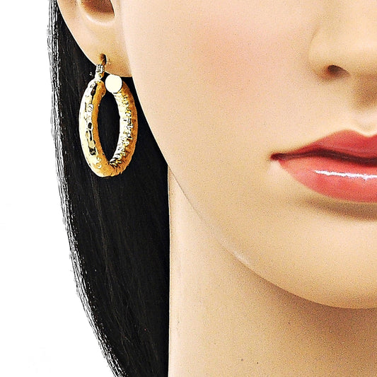 Oro Laminado Medium Hoop, Gold Filled Style Hollow Design, Diamond Cutting Finish, Golden Finish