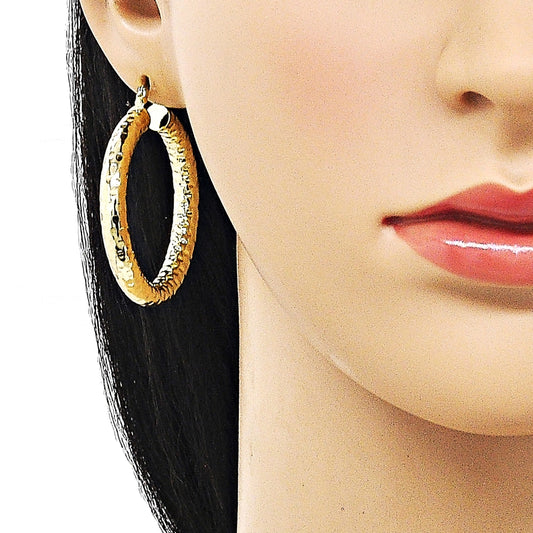 Oro Laminado Medium Hoop, Gold Filled Style Hollow Design, Diamond Cutting Finish, Golden Finish