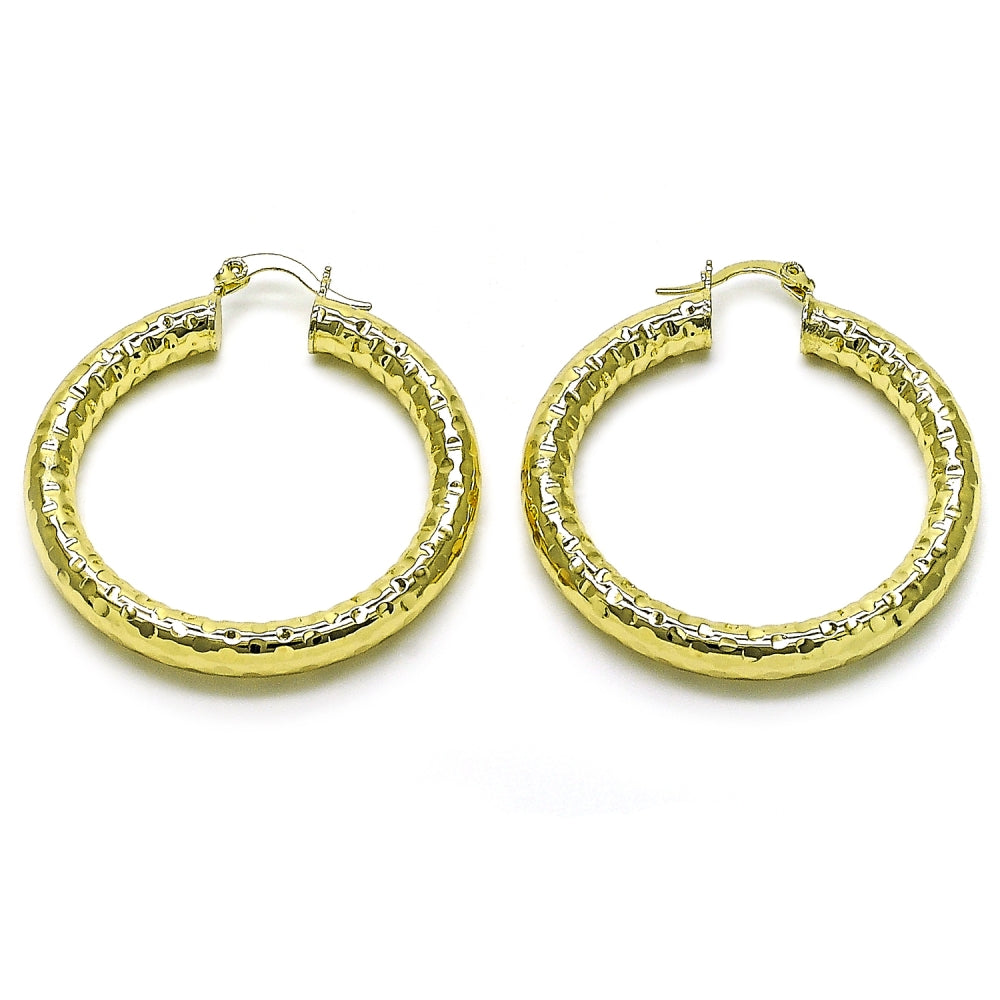 Oro Laminado Medium Hoop, Gold Filled Style Hollow Design, Diamond Cutting Finish, Golden Finish