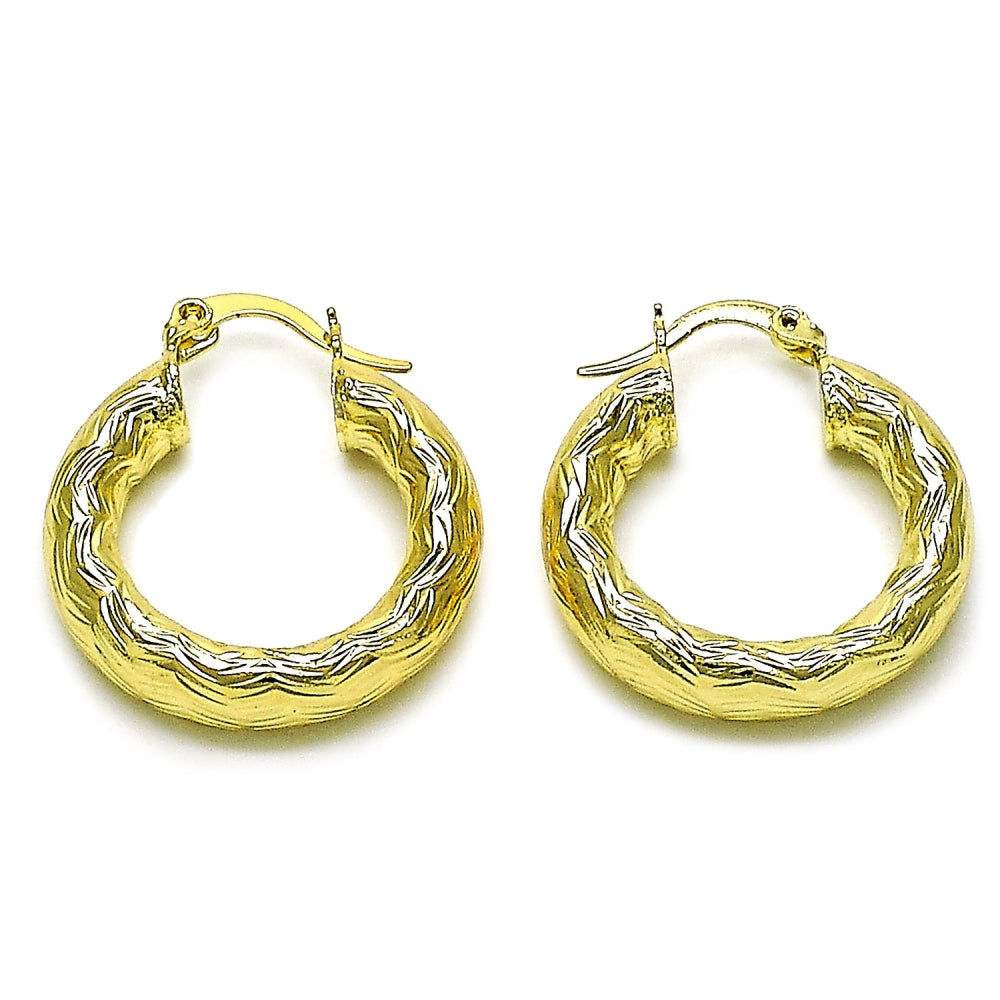 Oro Laminado Medium Hoop, Gold Filled Style Hollow Design, Diamond Cutting Finish, Golden Finish