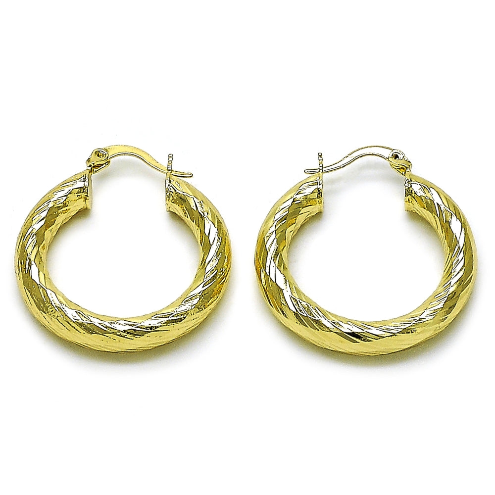 Oro Laminado Medium Hoop, Gold Filled Style Hollow Design, Diamond Cutting Finish, Golden Finish