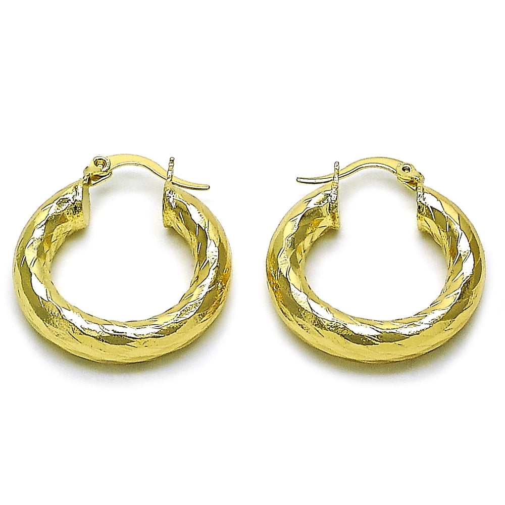 Oro Laminado Medium Hoop, Gold Filled Style Hollow Design, Diamond Cutting Finish, Golden Finish