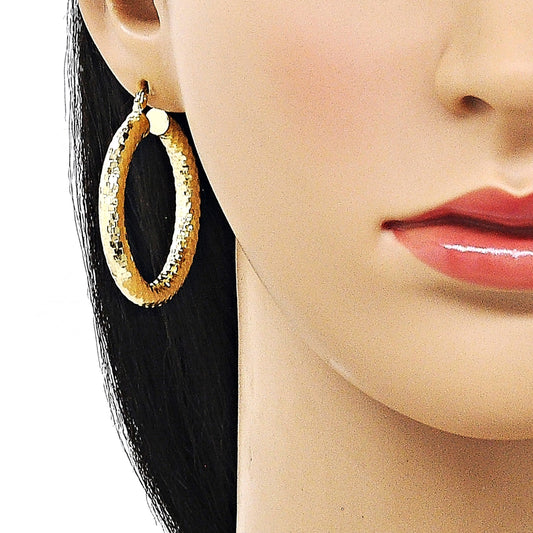 Oro Laminado Medium Hoop, Gold Filled Style Hollow Design, Diamond Cutting Finish, Golden Finish