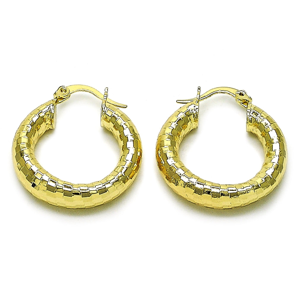 Oro Laminado Medium Hoop, Gold Filled Style Hollow Design, Diamond Cutting Finish, Golden Finish