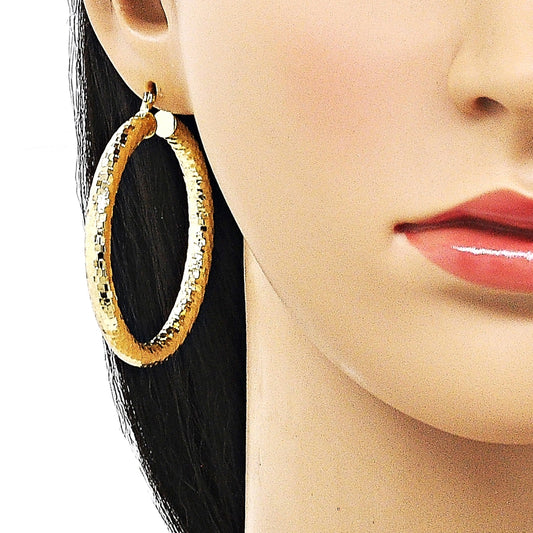 Oro Laminado Large Hoop, Gold Filled Style Hollow Design, Diamond Cutting Finish, Golden Finish