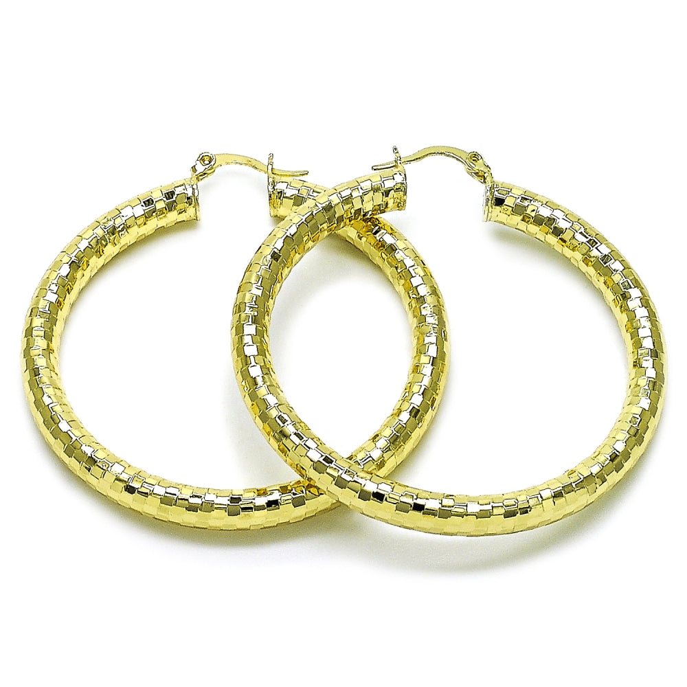 Oro Laminado Large Hoop, Gold Filled Style Hollow Design, Diamond Cutting Finish, Golden Finish