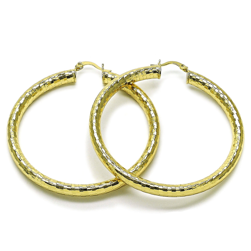 Oro Laminado Large Hoop, Gold Filled Style Hollow Design, Diamond Cutting Finish, Golden Finish