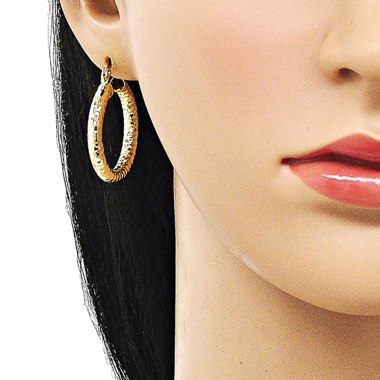 Oro Laminado Medium Hoop, Gold Filled Style Hollow Design, Diamond Cutting Finish, Golden Finish