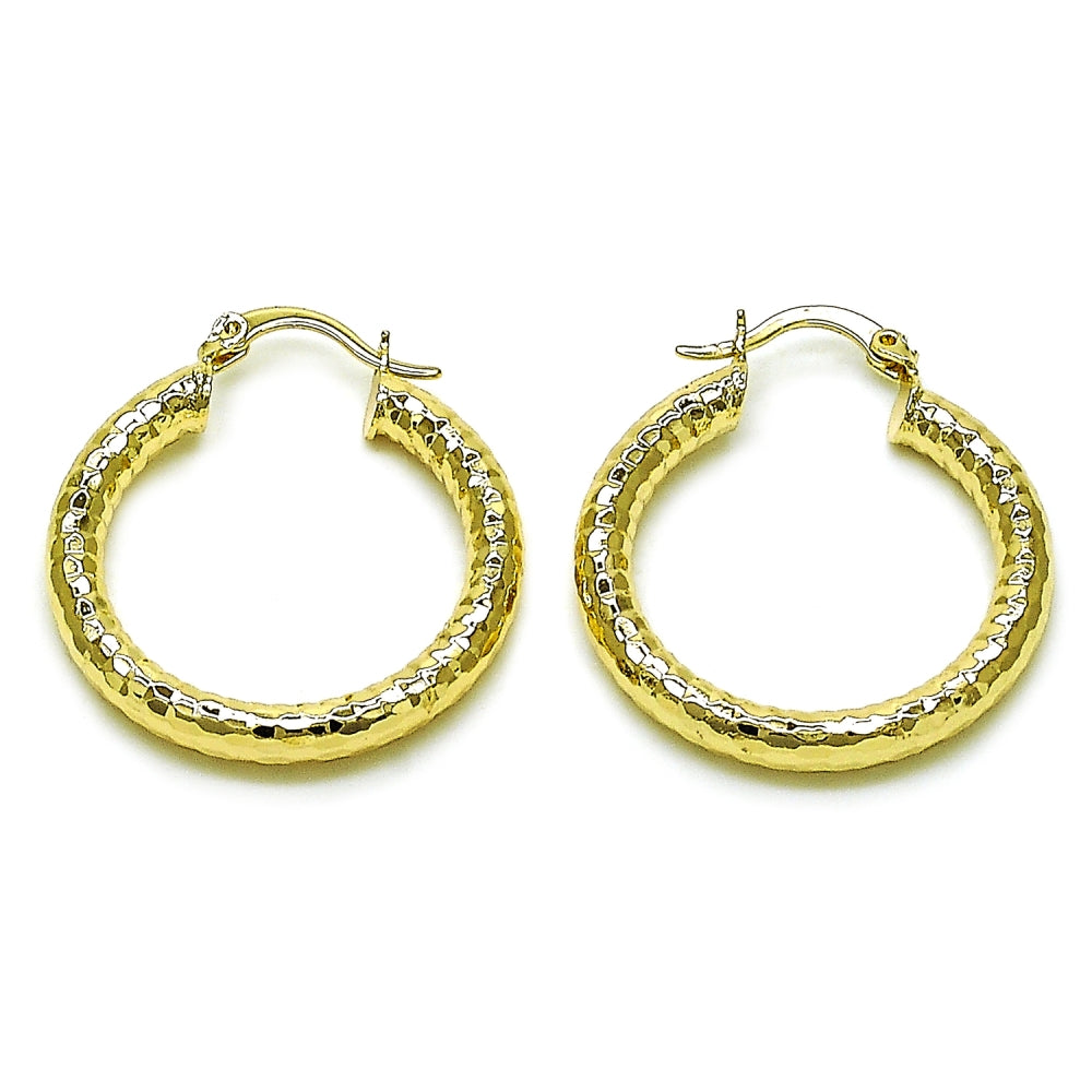 Oro Laminado Medium Hoop, Gold Filled Style Hollow Design, Diamond Cutting Finish, Golden Finish